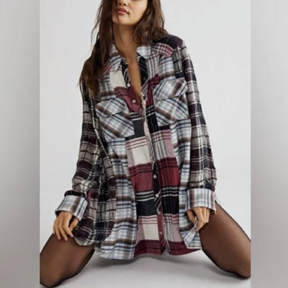 Free People Penny Plaid Mini Shirtdress Embellished Button Front Cotton Sz Large